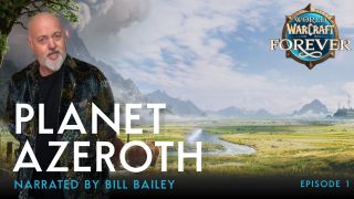 Bill Bailey stands before a vast Azeroth landscape; “Planet Azeroth,” narration credit, episode label, and World of Warcraft Forever logo appear.