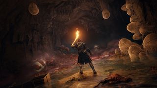 A character holding a torch in a cave