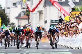 PAU, FRANCE - JULY 08: (L-R) Anthony Turgis of France and Team TotalEnergies, Soren Waerenskjold of Norway and Team Uno-X Mobility, Mads Pedersen of Denmark and Team Lidl - Trek - Green Sprint Jersey, Biniam Girmay of Eritrea and Team NSN Cycling and Tim Merlier of Belgium and Team Soudal Quick-Step sprint at finish line during the 113th Tour de France 2026, Stage 5 a 158.3km stage from Lannemezan to Pau / #UCIWT / on July 08, 2026 in Pau, France. (Photo by Dario Belingheri/Getty Images)