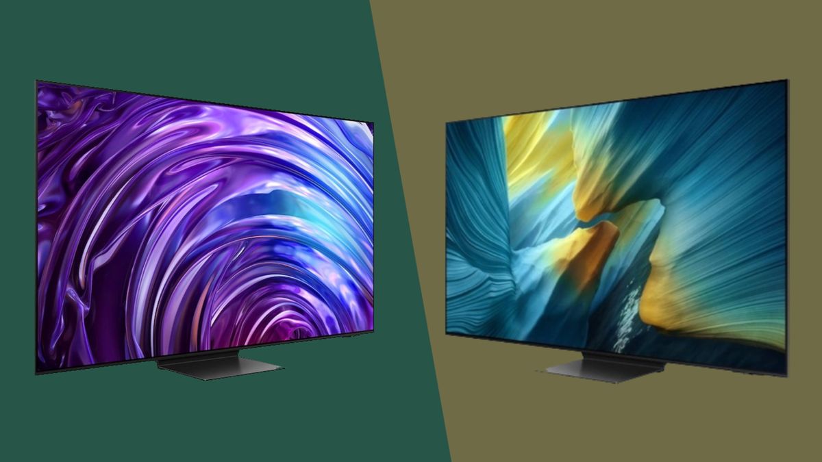 Samsung S95D and S95F OLED TVs on colored backgrounds