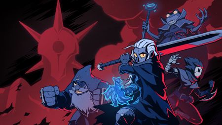 Key art for Absolum showing the main party members in action poses in front of an enemy
