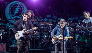 (from left) Dead & Company's John Mayer, Jay Lane, Bob Weir and Mickey Hart perform onstage at Oracle Park in San Francisco, California on July 16, 2023