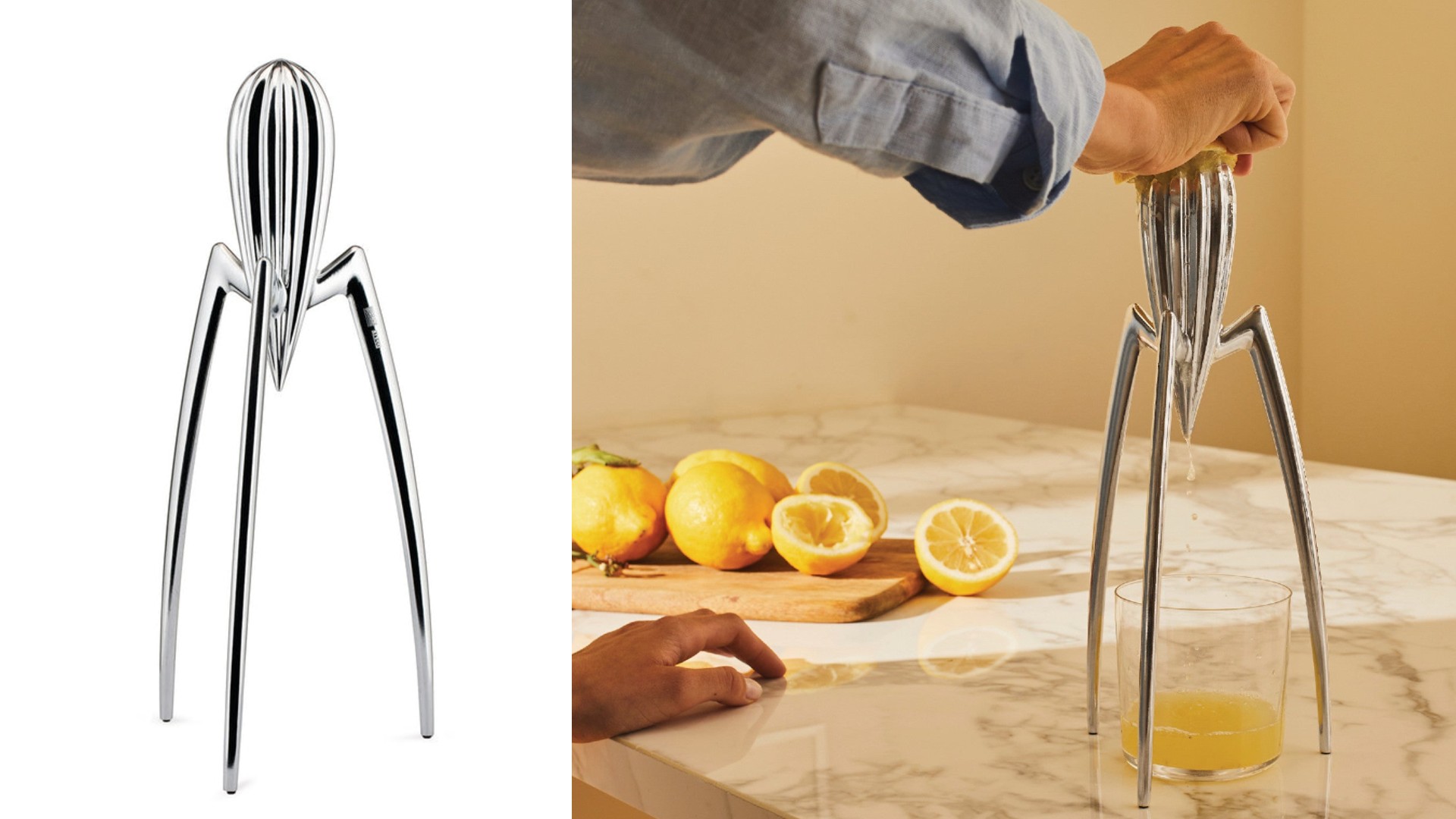 Product shot and lifestyle shot of Alessi Juicy Salif citrus squeezer