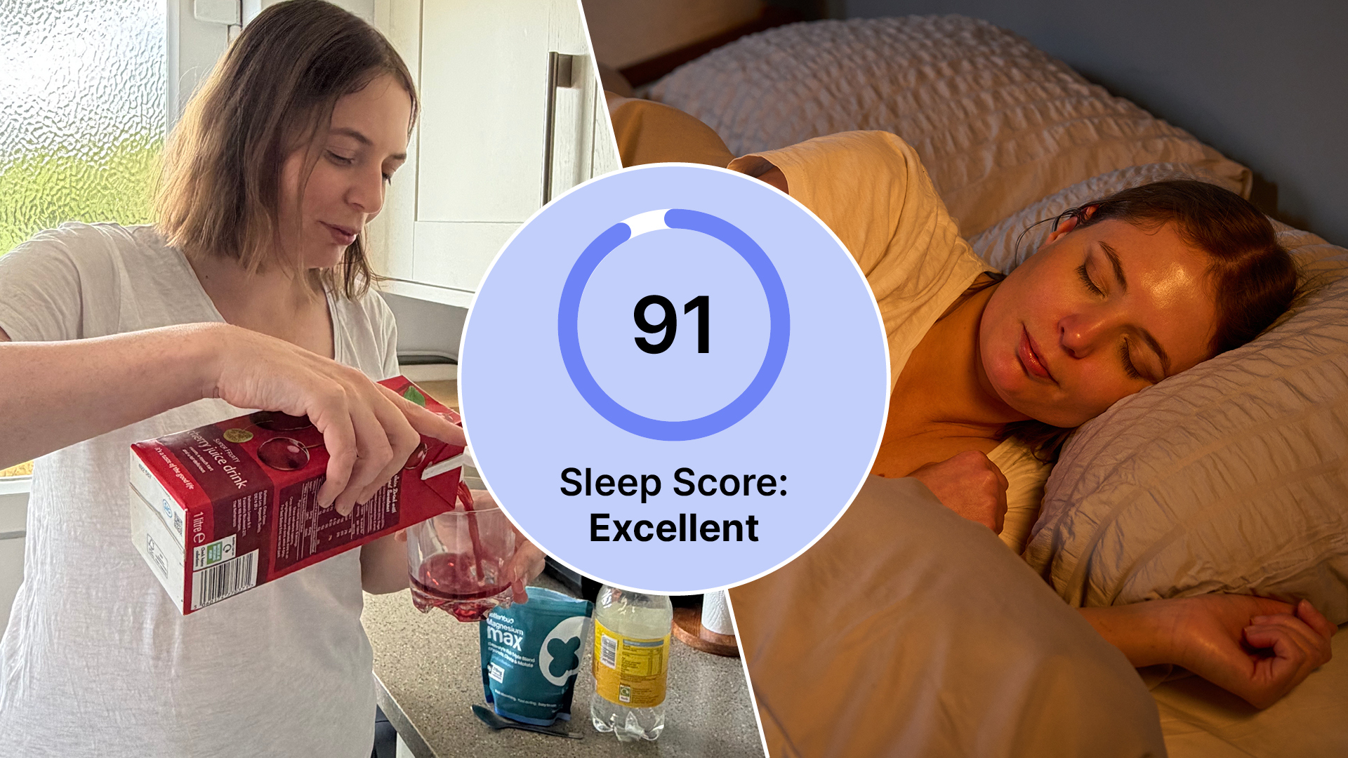 On the left, sleep writer Ruth Jones mixes up a Sleepy Girl Mocktail. On the right, she's sleeping soundly in a dimly lit room. In the center is a close up of a 91 Sleep Score.