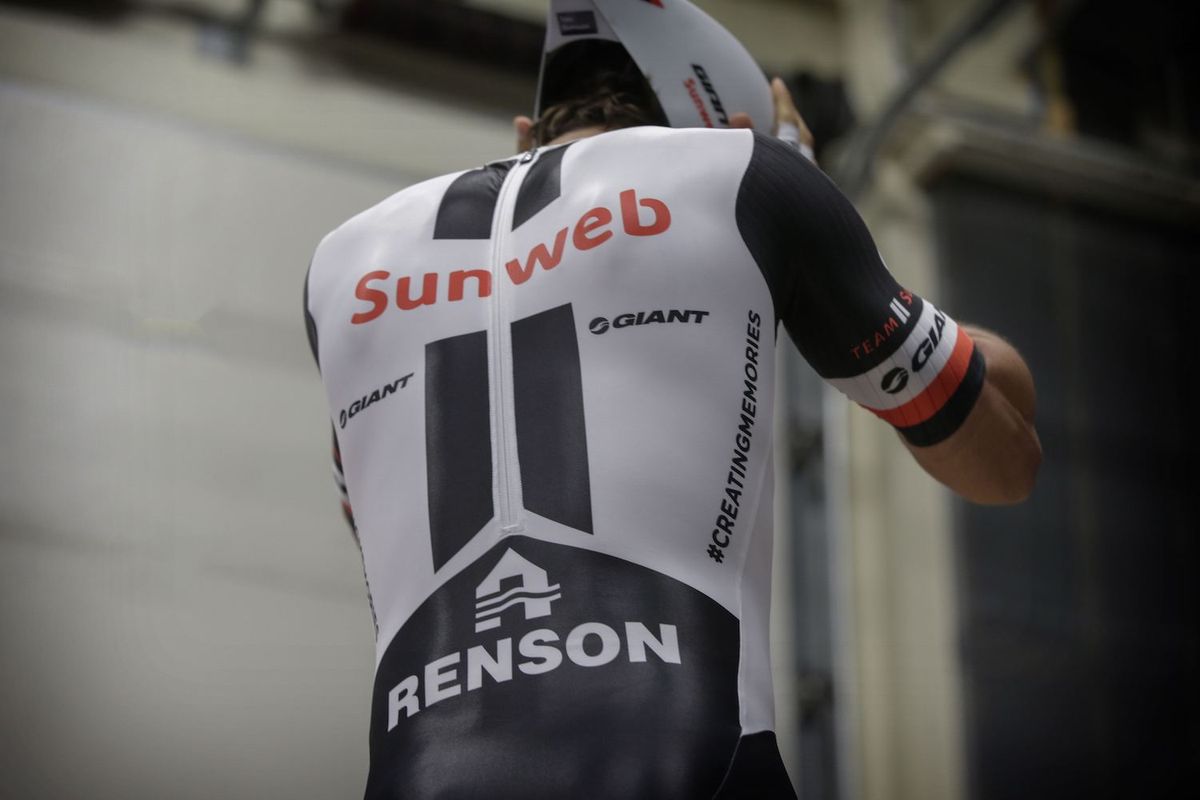 Michael Matthews tests out his special skinsuit at the Delft University of Technology wind tunnel
