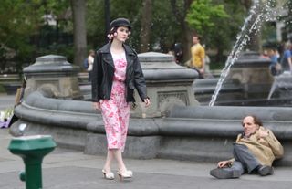 Rachel Brosnahan is seen on the set of "The Marvelous Mrs. Maisel" on April 29, 2021 in New York City