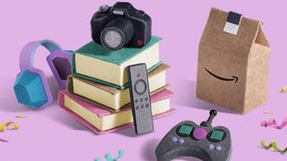 Animated image of textbooks, camera, headphones and gaming console