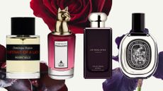 A collage of 'evening florals' featuring product pictures of Frederic Malle's Portrait of A Lady, Penhaligon's The Bewitching Yasmine, Jo Malone's Velvet Rose & Oud and Diptyque's Fleur de Peau/ on a cream background with red rose, purple orchid and purple iris flower stock images.