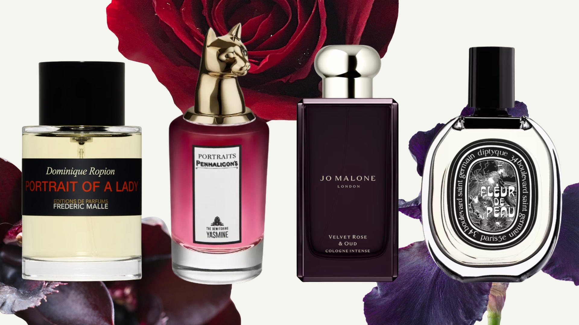 A collage of 'evening florals' featuring product pictures of Frederic Malle's Portrait of A Lady, Penhaligon's The Bewitching Yasmine, Jo Malone's Velvet Rose & Oud and Diptyque's Fleur de Peau/ on a cream background with red rose, purple orchid and purple iris flower stock images.