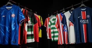 Chelsea, PSG Tottenham and Celtic shirts hanging on two rails