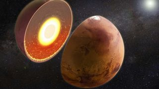 a cross section of a planet cut in half, revealing a molten core at its center