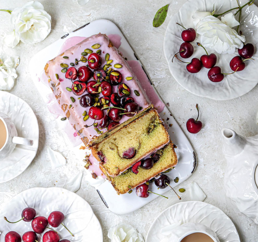 Afternoon tea in style: cherry-and-pistachio yoghurt cake.