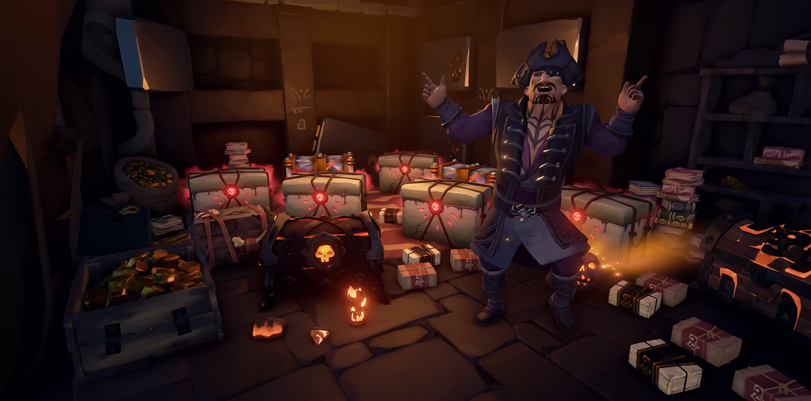 A pirate celebrates while surrounded by loot