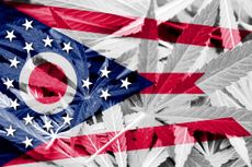 ohio state flag with cannabis leaves superimposed over it