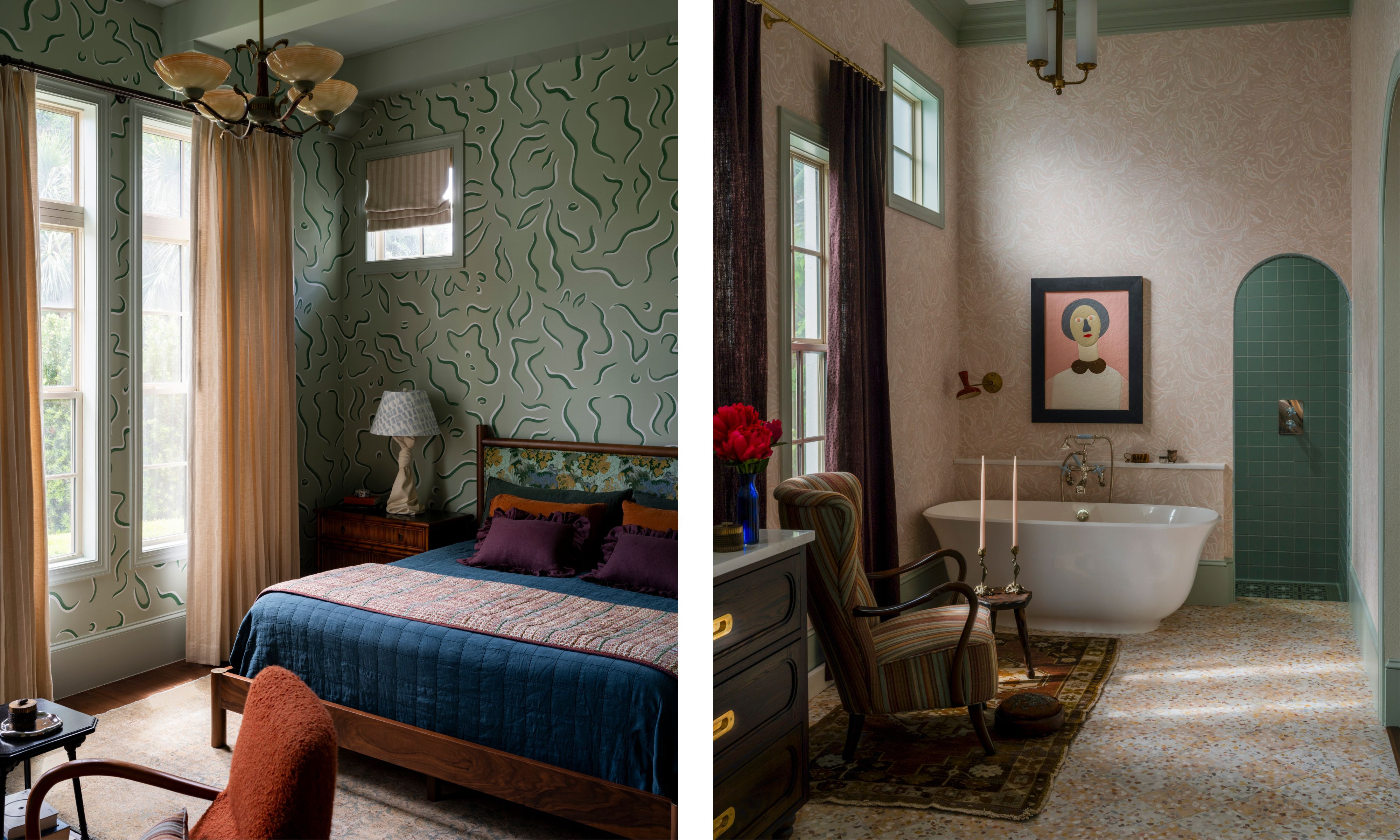 two side by side images of a soft green wallpapered primary suite