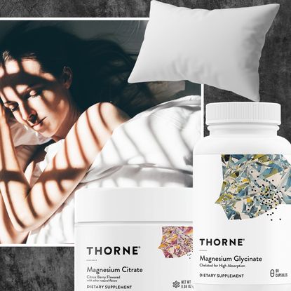 grey background with a woman sleeping in a bed next to magnesium supplements