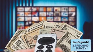 Streaming services on a television with remote and cash; Tom's Guide streaming survey