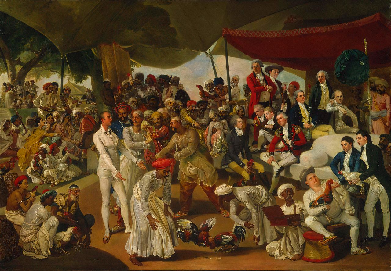 Colonel Mordaunt’s Cock Match, 1784–86, 59in by 41in, by Johan Zoffany (1733–1810), Tate Collection.