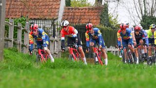 HARELBEKE, BELGIUM - MARCH 22: (L-R) Otto Vergaerde of Belgium, Alex Kirsch of Luxembourg, Jasper Stuyven of Belgium, Mads Pedersen of Denmark and Team Lidl - Trek and a general view of the breakaway competing during the 67th E3 Saxo Bank Classic - Harelbeke 2024 a 207.6km one day race from Harelbeke to Harelbeke / #UCIWT / on March 22, 2024 in Harelbeke, Belgium. (Photo by Tim de Waele/Getty Images)