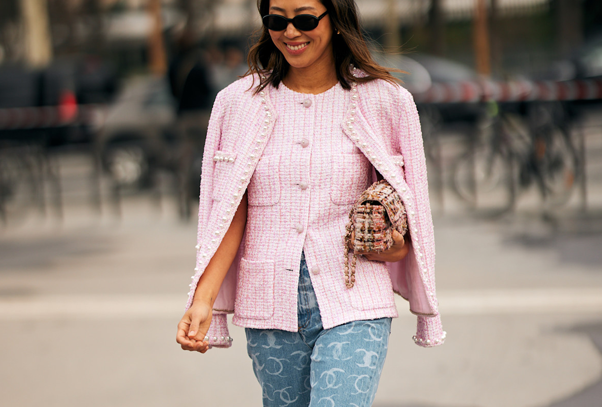 Influencer Aimee Song wearing printed denim jeans style.