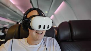 A person wearing a Meta Quest 3 on a flight