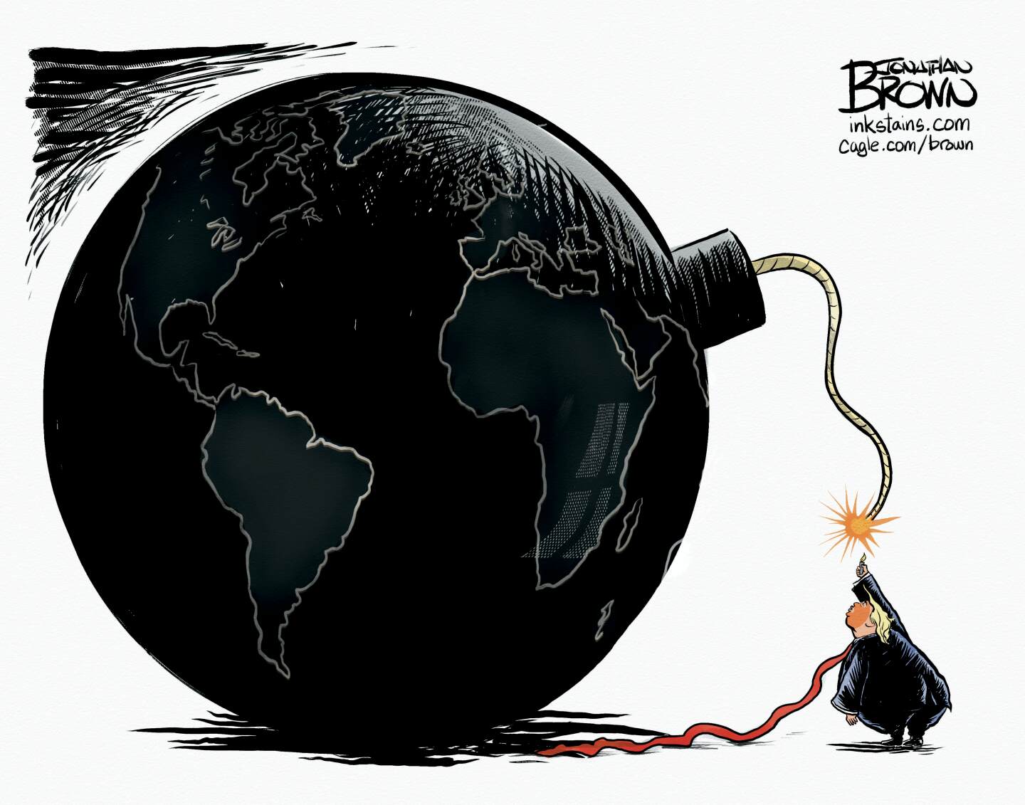 This cartoon is dominated by a giant, round bomb shaped like Earth. A burning fuse leads down to Donald Trump, who reaches up with a match and has lit the fuse.