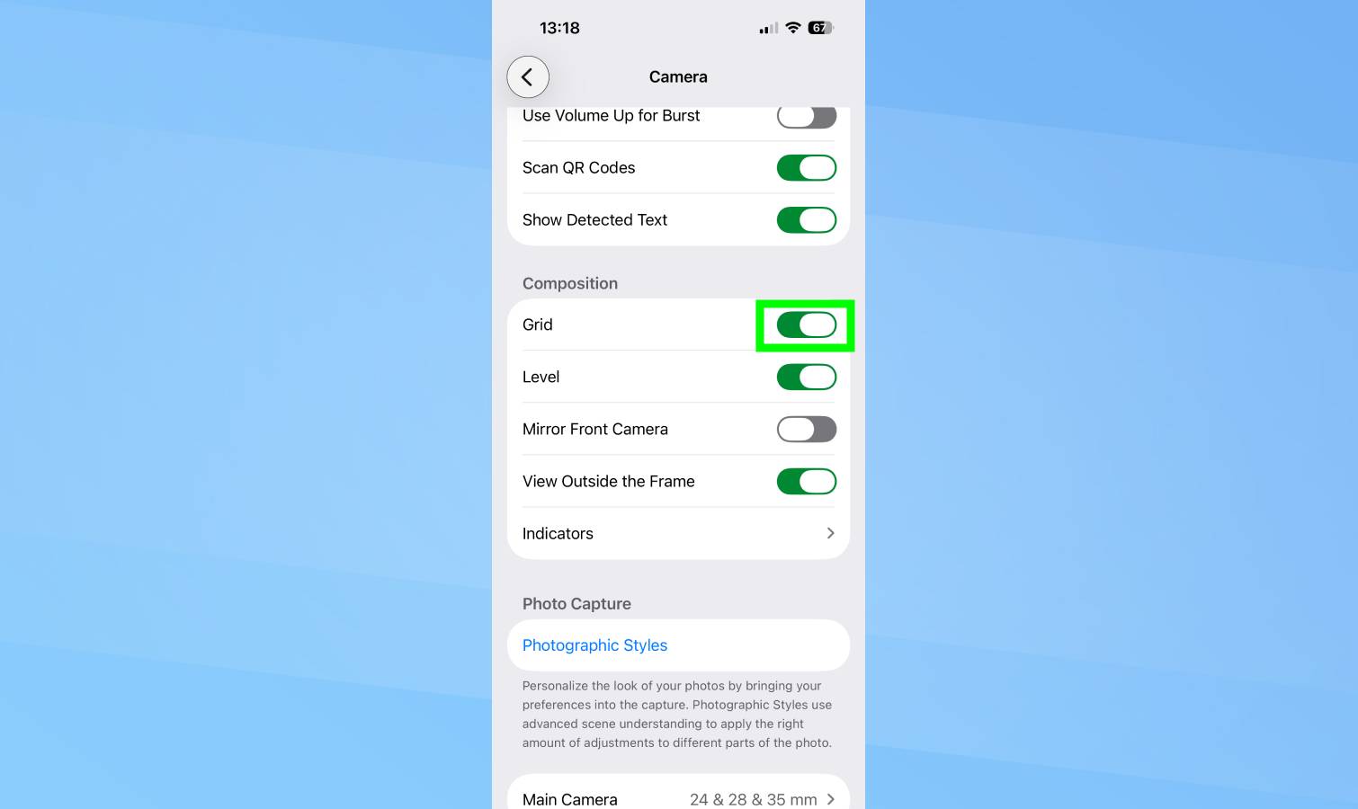 شبکه هایلایت شده در تنظیمات دوربین آیفون