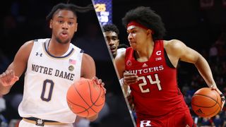 (L to R) Notre Dame Fighting Irish guard Blake Wesley and Ron Harper Jr. of the Rutgers Scarlet Knights will face off in NCAA March Madness action