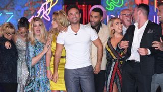 Ryan Thomas (centre) crowned the winner of Big Brother 2018 at Elstree Studios surrounded by other Celebrity Big Brother contestants in 2018.