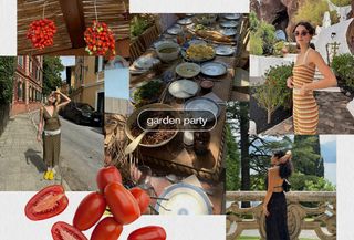 Collage of women outside with trees, tomatoes, and fresh vegetables