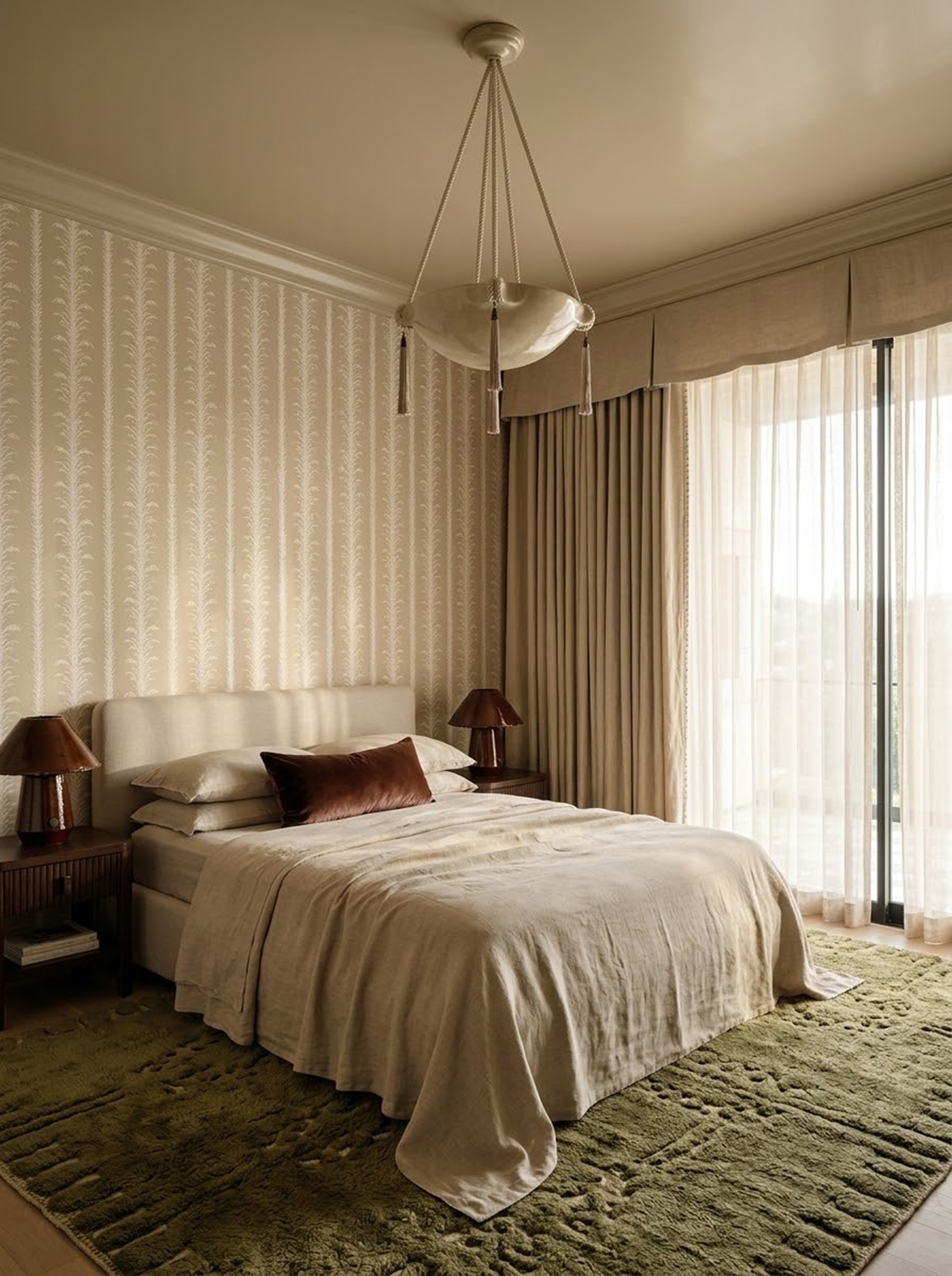a bedroom with a contemporary look, with a tassel ceiling light and modern valance on the windows