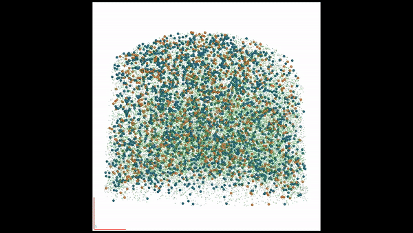 A swarm of green, blue and yellow dots rotating in unison.