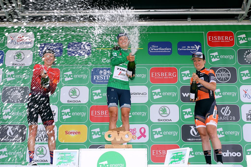 Celebrations on the final podium at the OVO Energy Women's Tour