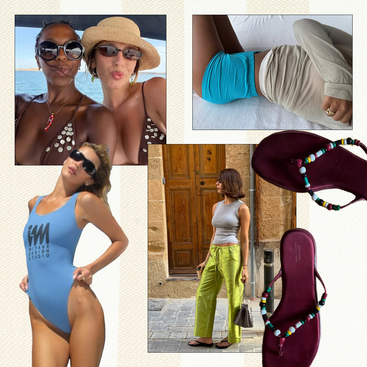 a collage of influencer and celebrity outfit images featuring the biggest vacation fashion trends of 2026