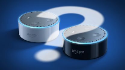 Amazon Echo Dot in black and white with a question mark cast onto them in light