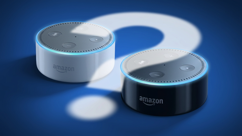 Amazon Echo Dot in black and white with a question mark cast onto them in light