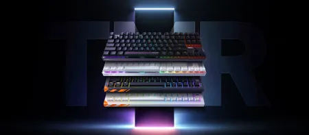 A selection of Cherry XTRFY gaming keyboards float in front of the letters 'TMR'.