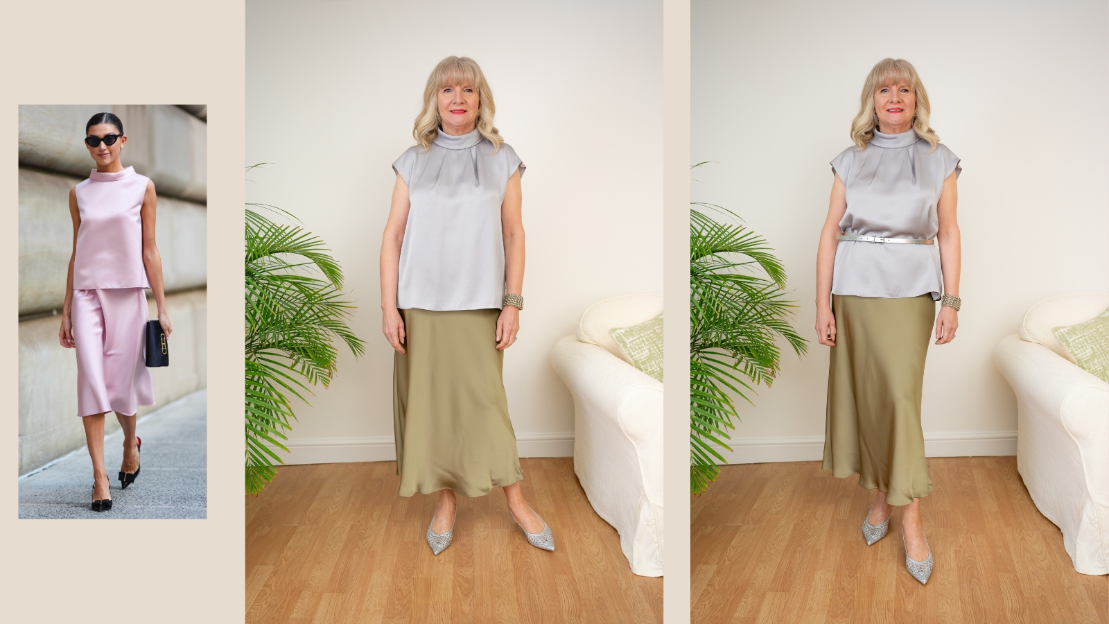 Getty street style image of girl in satin slip skirt and 2 images of Julie Player also wearing similar skirt