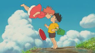 A still from the movie Ponyo from Studio Ghibli, one of the best Max family movies, showing the character Ponyo/Brunhilde flying in the air face to face with Sōsuke.