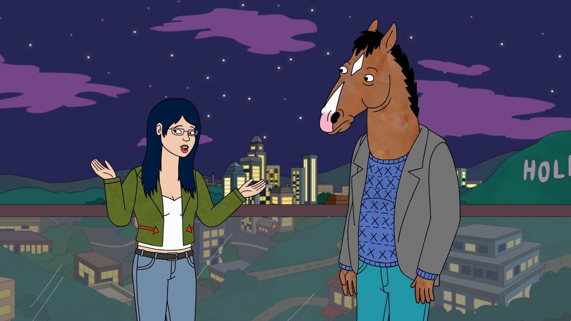 Diane and Bojack stand on his balcony with Los Angeles and the Hollywood sign behind them, in 'Bojack Horseman.'