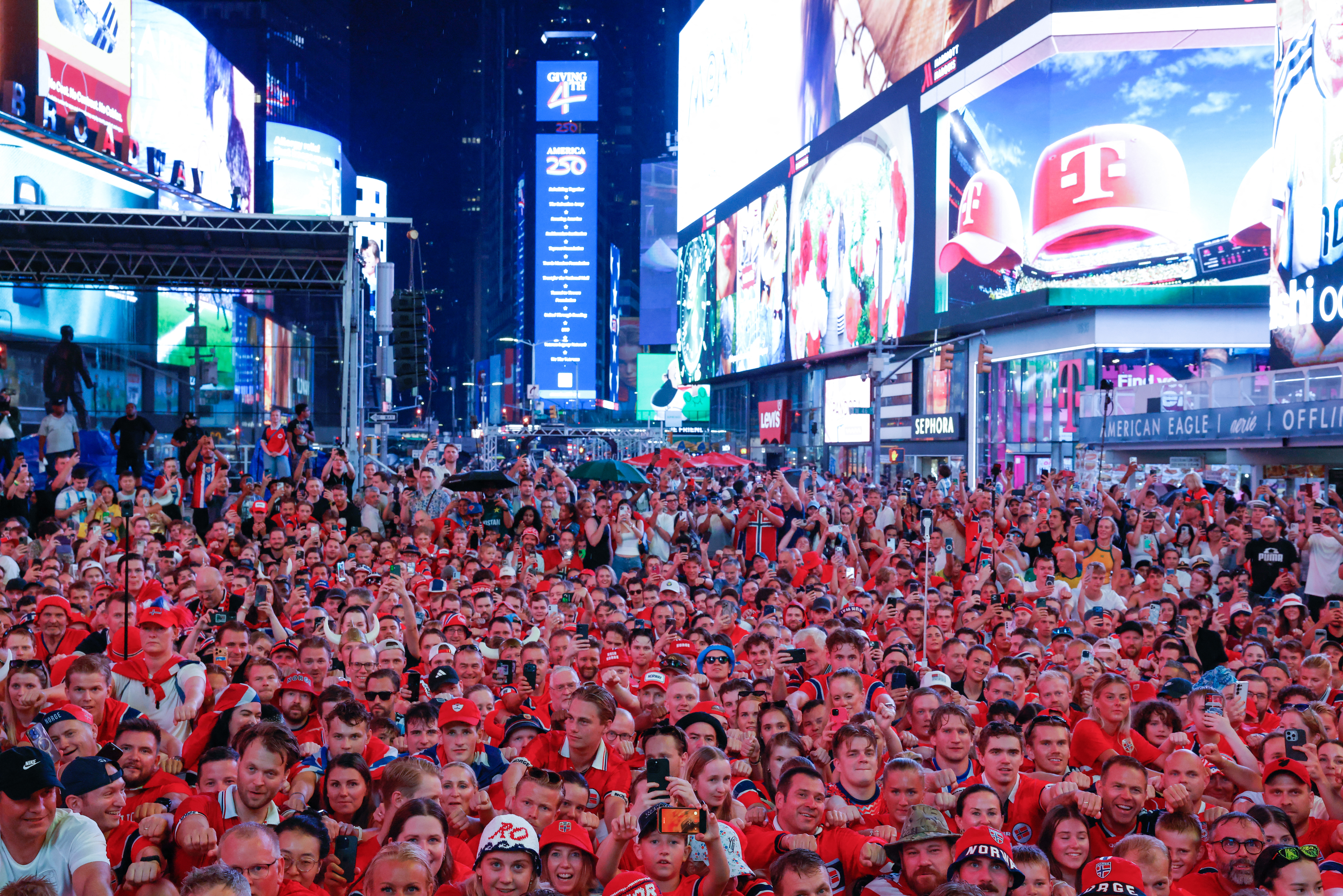 Norway fans gather in Times Square two days before their team&amp;rsquo;s World Cup Round of 16 match against Brazil in New York on July 3, 2026. (Photo by kena betancur / AFP)