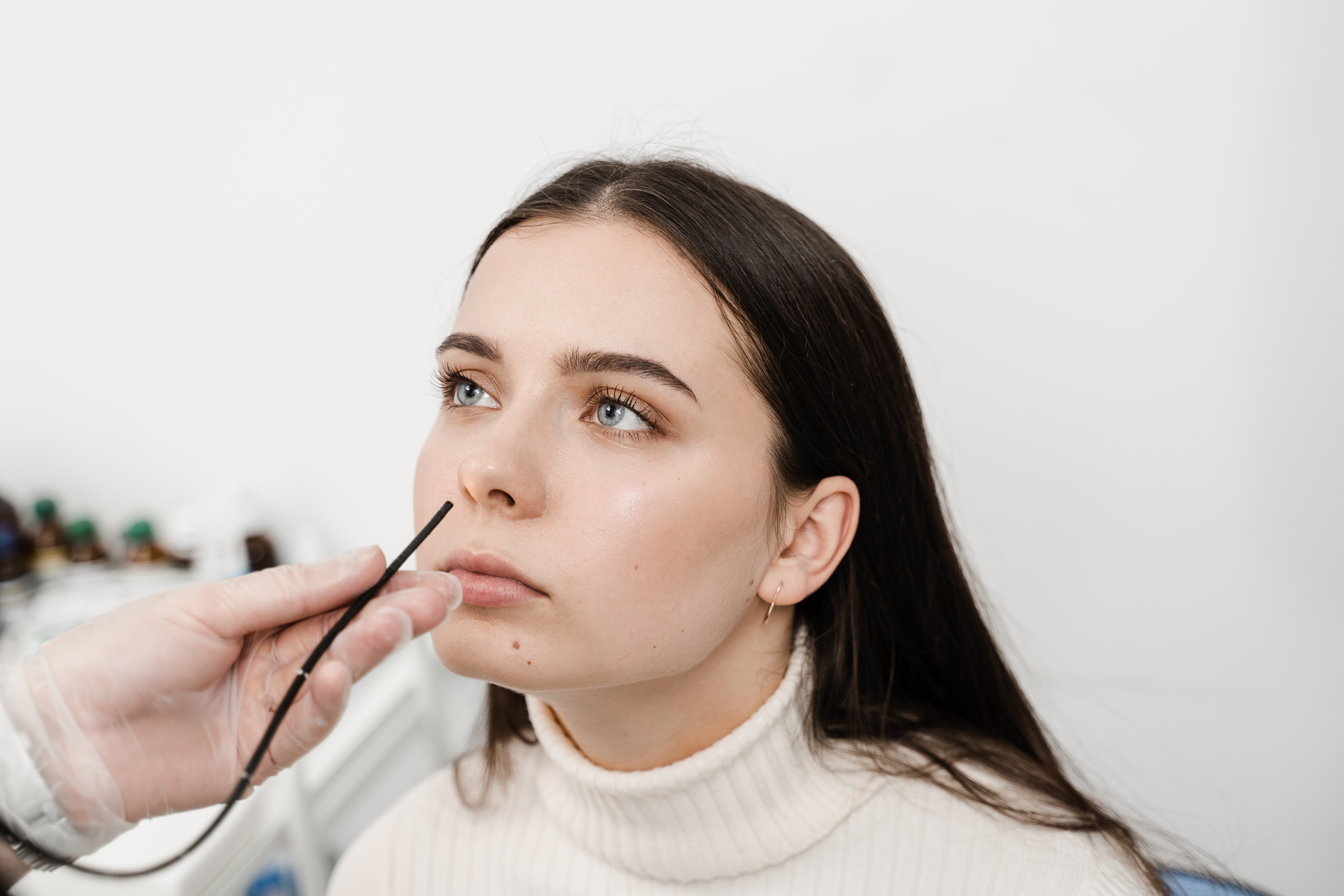 Endoscope about to go up woman&#039;s nose