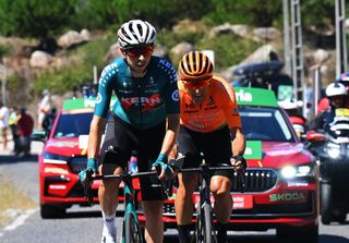 OUREM PORTUGAL AUGUST 18 LR Ibon Ruiz of Spain and Team Equipo Kern Pharma and Luis Angel Mate of Spain and Team Euskaltel Euskadi compete in the breakaway during the 79th La Vuelta Ciclista a Espana 2024 Stage 2 a 194km stage from Cascais to Ourem UCIWT on August 18 2024 in Ourem Portugal Photo by Tim de WaeleGetty Images