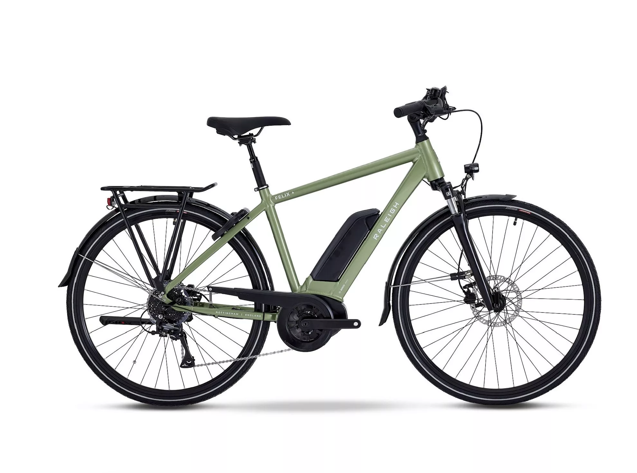 An earthy green Raleigh bike on a white background. The battery is stored on the downtime.