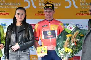 BESSEGES FRANCE FEBRUARY 02 Mads Pedersen of Denmark and Team Lidl Trek celebrates at podium as Orange Leader Jersey winner during the 54th Etoile de Besseges Tour du Gard Stage 3 a 16111km stage from Besseges to Besseges on February 02 2024 in Besseges France Photo by Luc ClaessenGetty Images