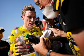 HAUTACAM FRANCE JULY 21 Stage winner Jonas Vingegaard Rasmussen of Denmark and Team Jumbo Visma Yellow Leader Jersey reacts after the 109th Tour de France 2022 Stage 18 a 1432km stage from Lourdes to Hautacam 1520m TDF2022 WorldTour on July 21 2022 in Hautacam France Photo by Daniel Cole PoolGetty Images