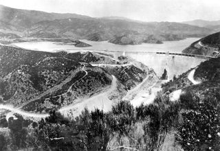 St. Francis Dam before the 1928 failure on March 12 - 13, 1928 in Los Angeles County, California.