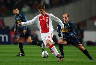 Klaas-Jan Huntelaar of Ajax in action during the UEFA Champions League Round of 16 first leg match between Ajax and Inter Milan at the Amsterdam Arena on February 22, 2006 in Amsterdam, Netherlands.