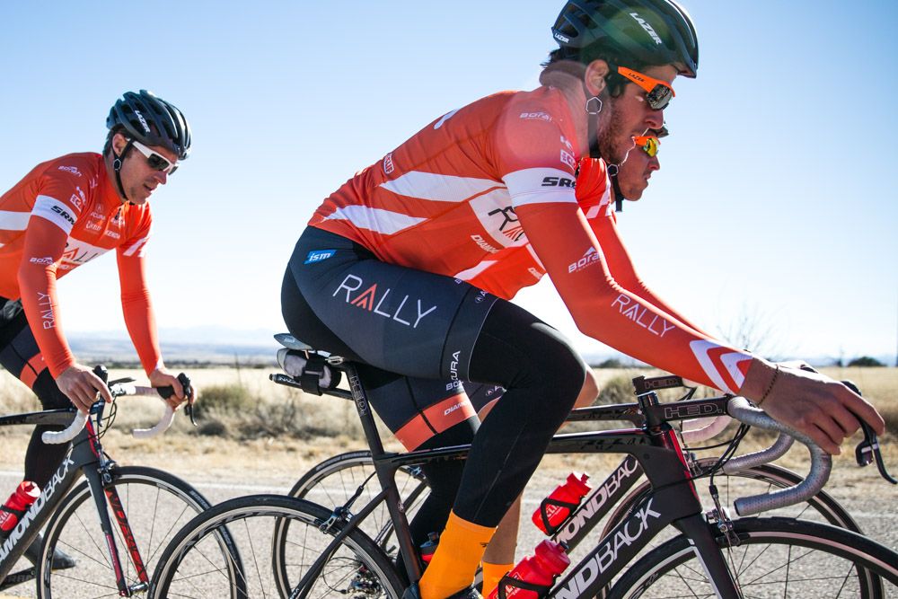 Pierrick Naud trains in the new Rally Cycling kit.