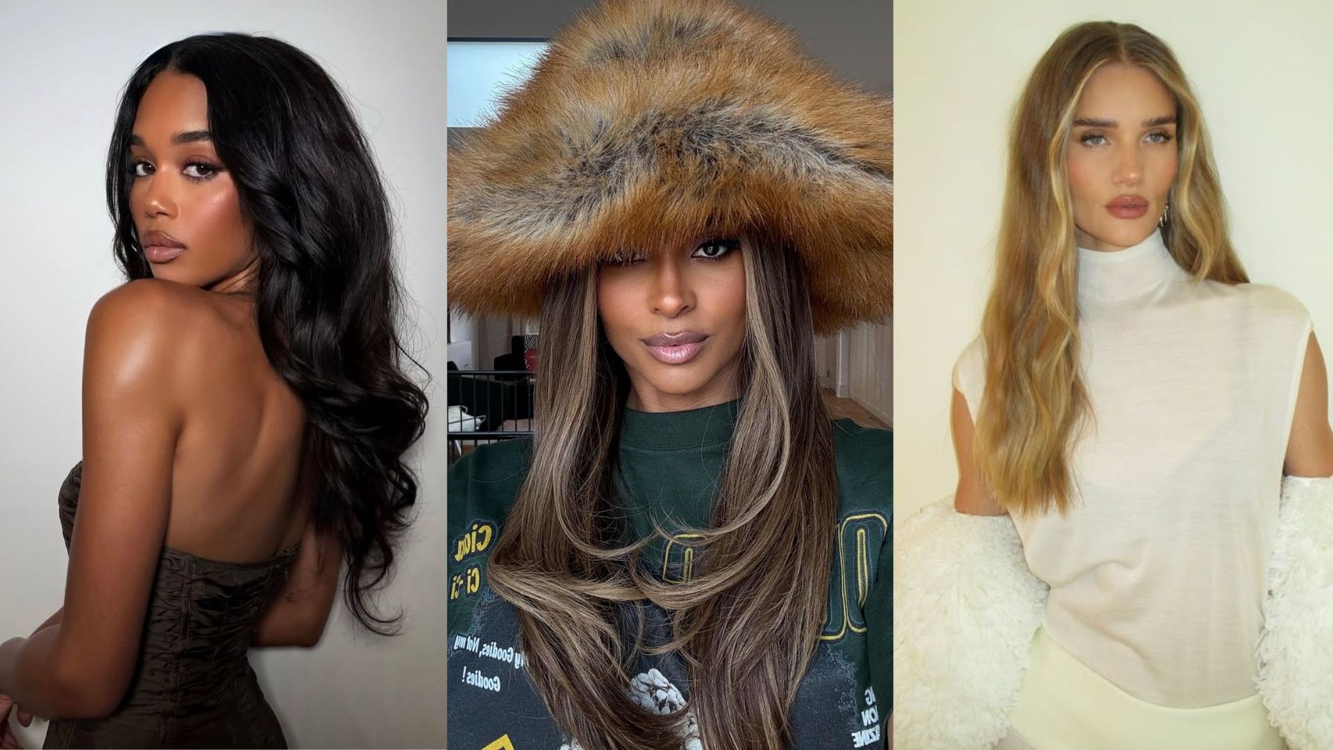 A collage of Laura Harrier, Ciara, and Rosie Huntington-Whiteley.
